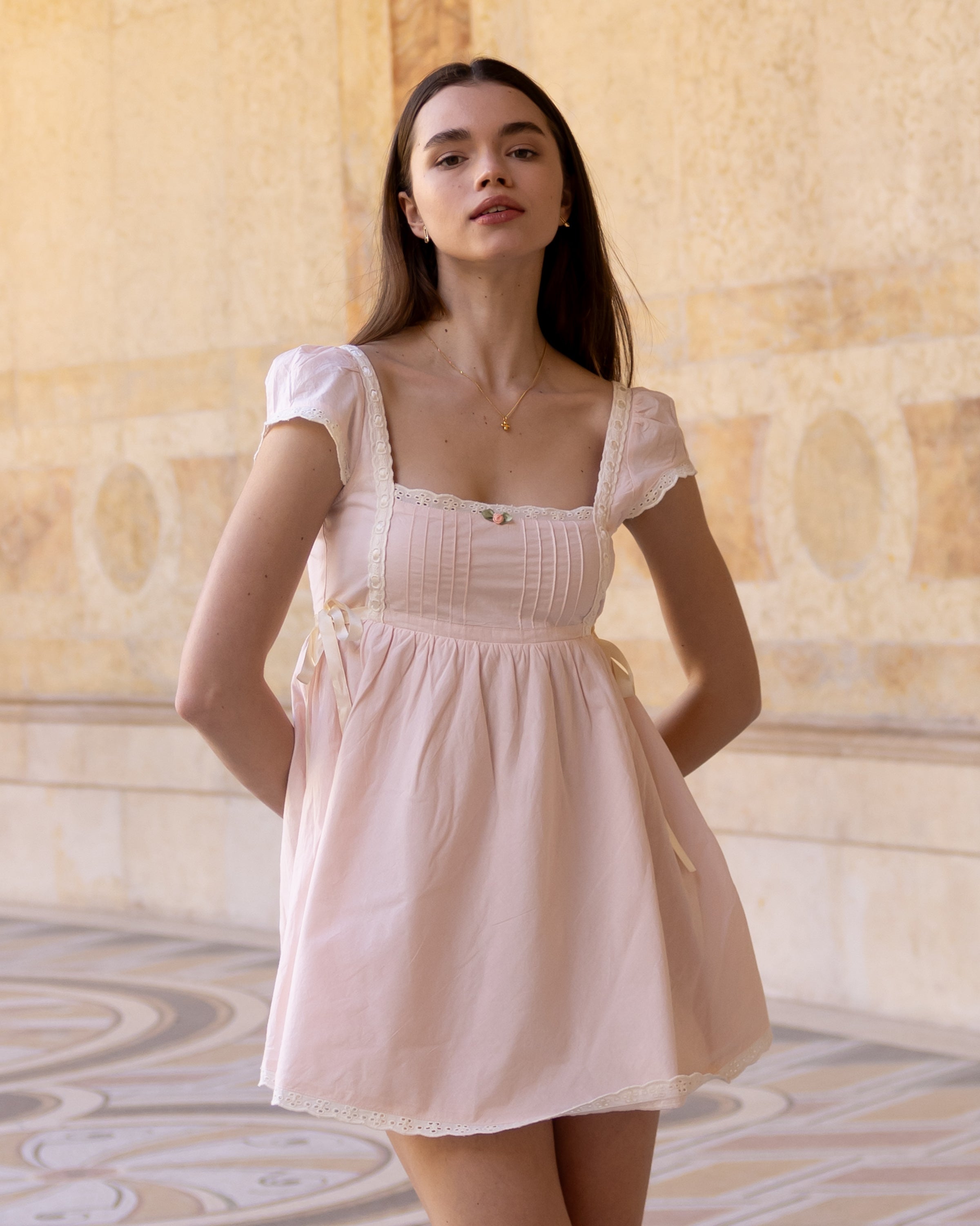Light pink cotton mini dress, eyelet lace, vintage style - Cordelia Kitteny Light pink cotton mini dress, eyelet lace, vintage style - Cordelia Kitteny