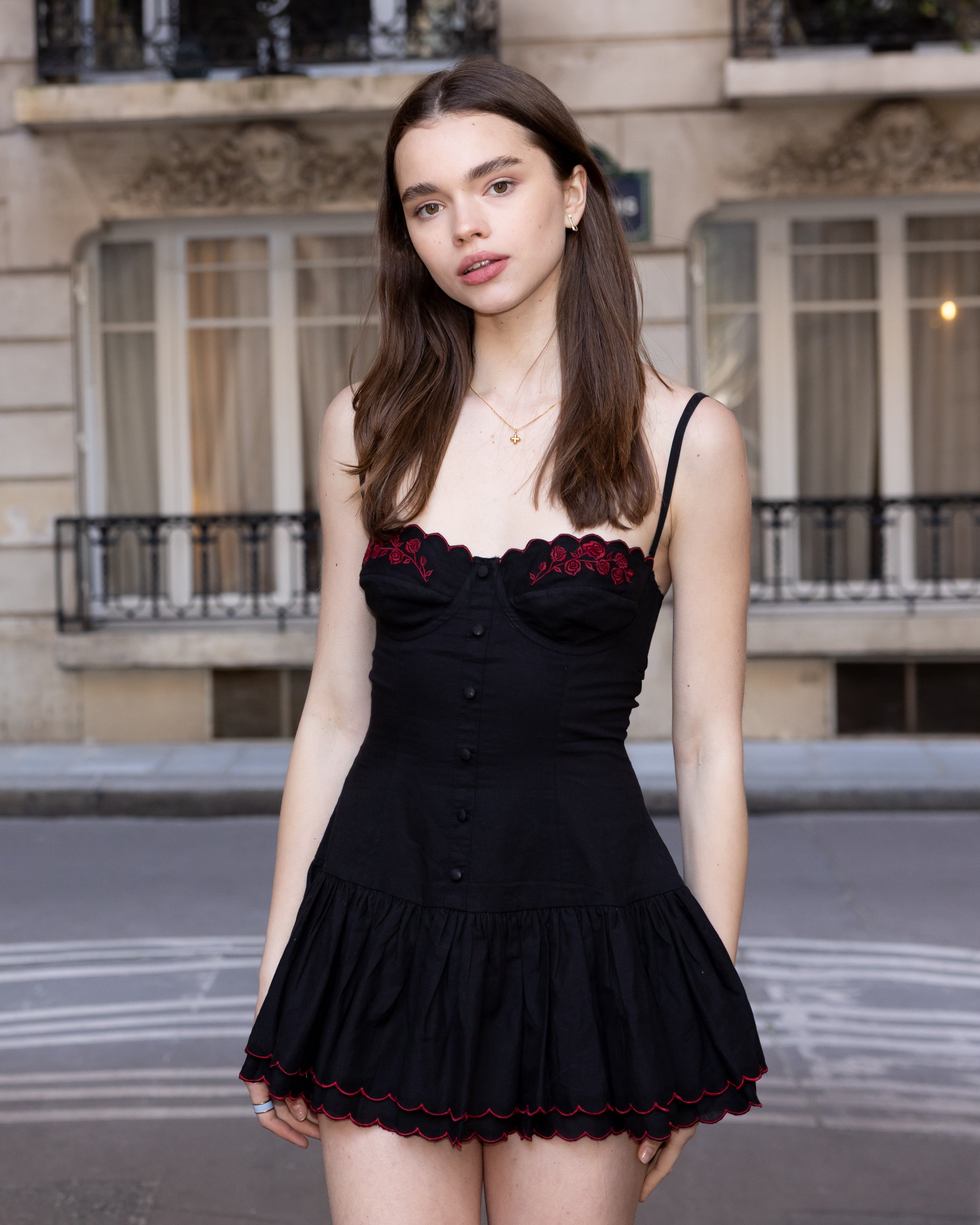 Black cotton mini dress - underwire corset, rose embroidery - Giorgia Kitteny Black cotton mini dress - underwire corset, rose embroidery - Giorgia Kitteny
