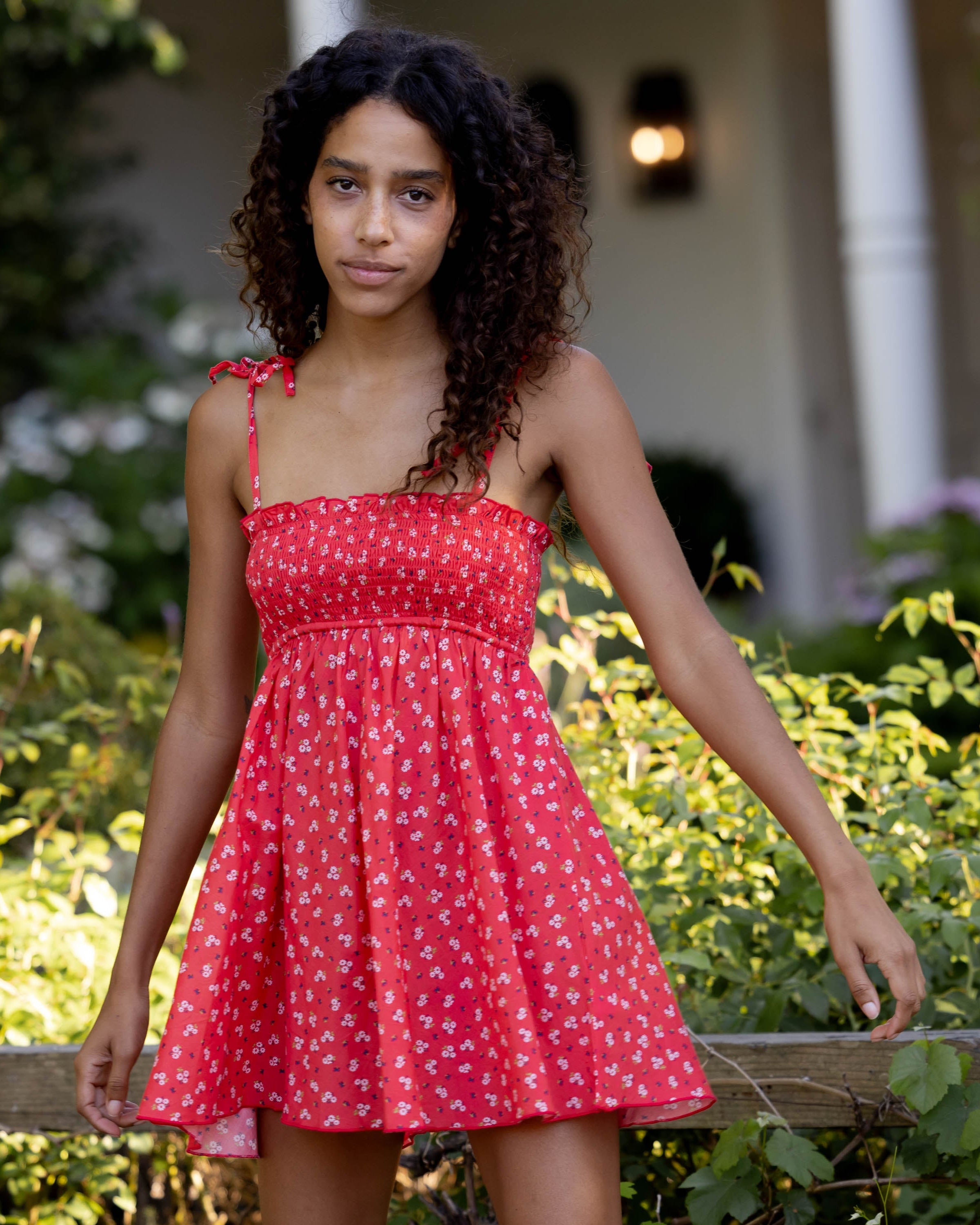 Red floral print cotton mini dress, smocked, tie straps