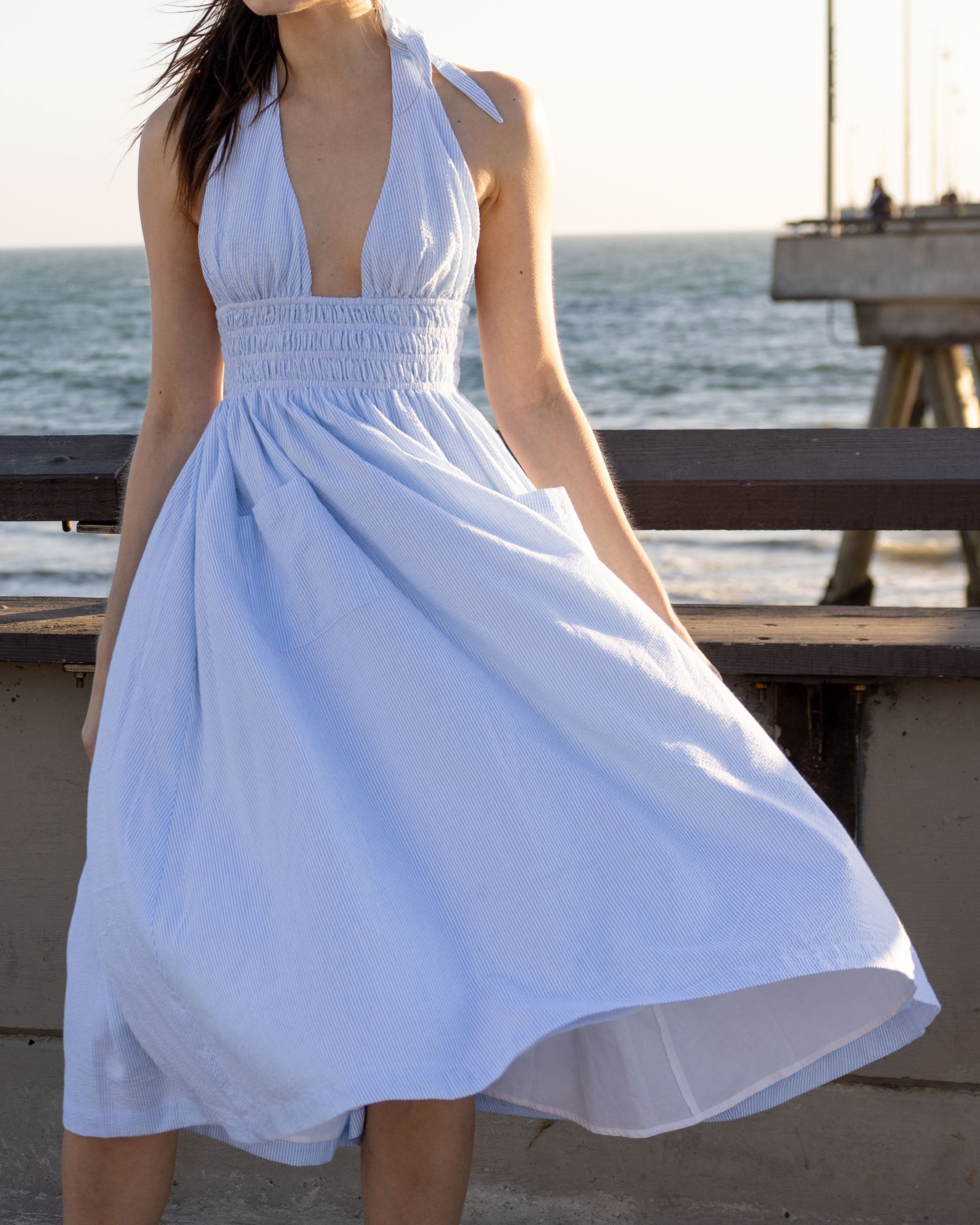 Blue white stripe halter midi dress, cotton seersucker - Neri Blue white stripe halter midi dress, cotton seersucker - Neri
