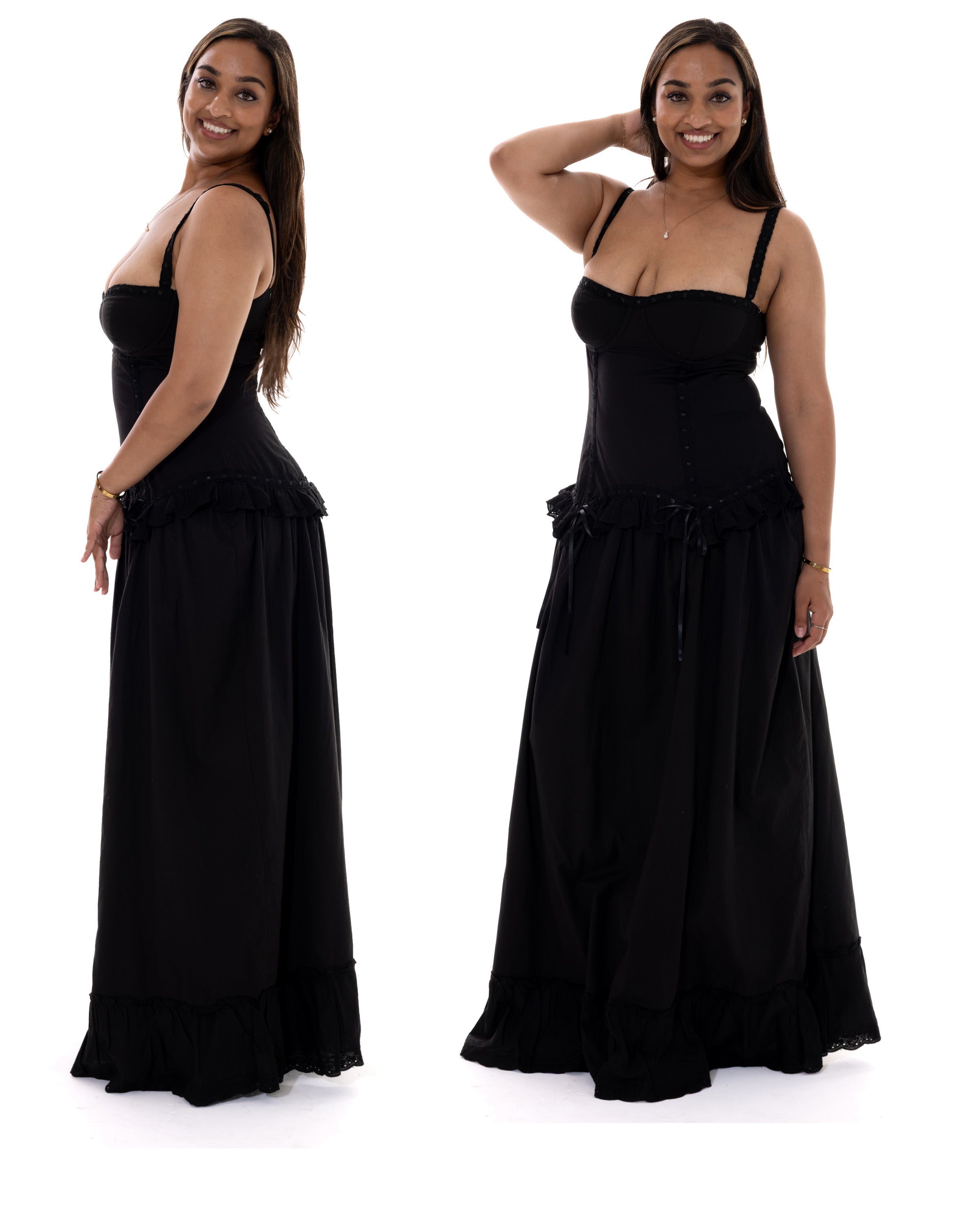 *Rashi is wearing size L and is 5'6" tall, with a 40" bust, 33.5" waist, and 43.5" hips*
