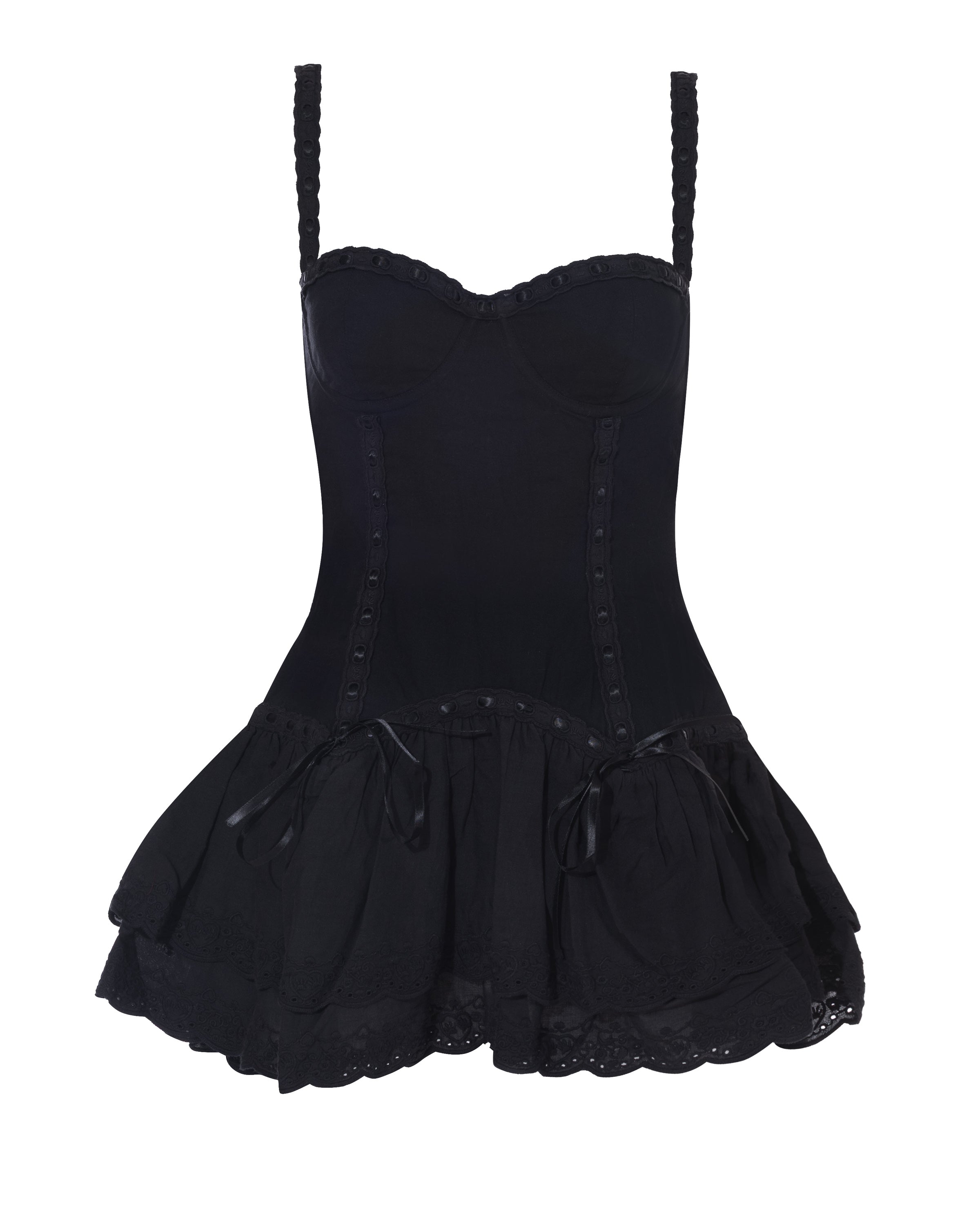 Black cotton mini dress, underwire corset, eyelet lace Amelia S Black cotton mini dress, underwire corset, eyelet lace Amelia S