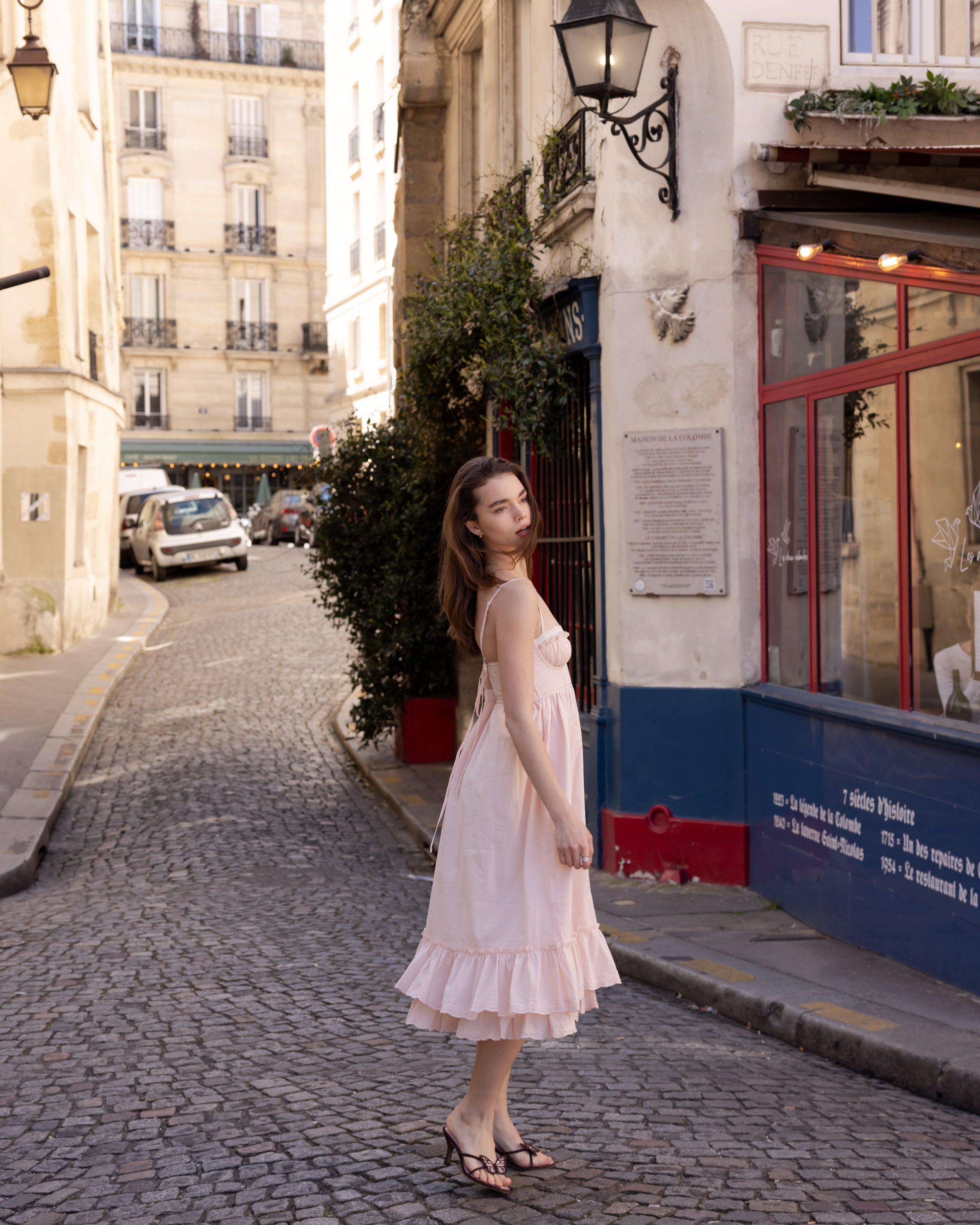 Pink cotton midi dress, eyelet lace, corset underwire cups