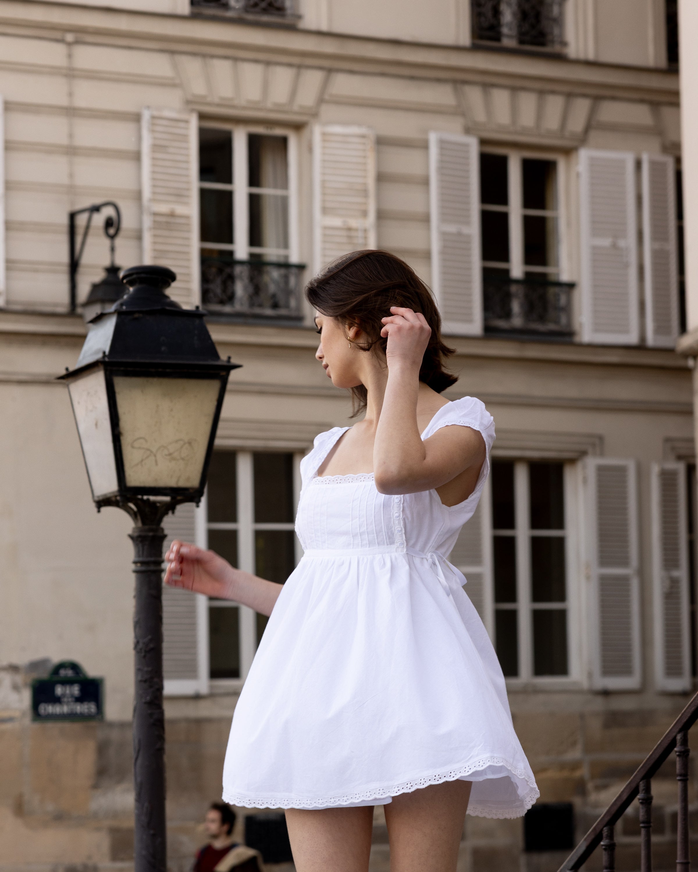 White cotton mini dress, eyelet lace, ribbons