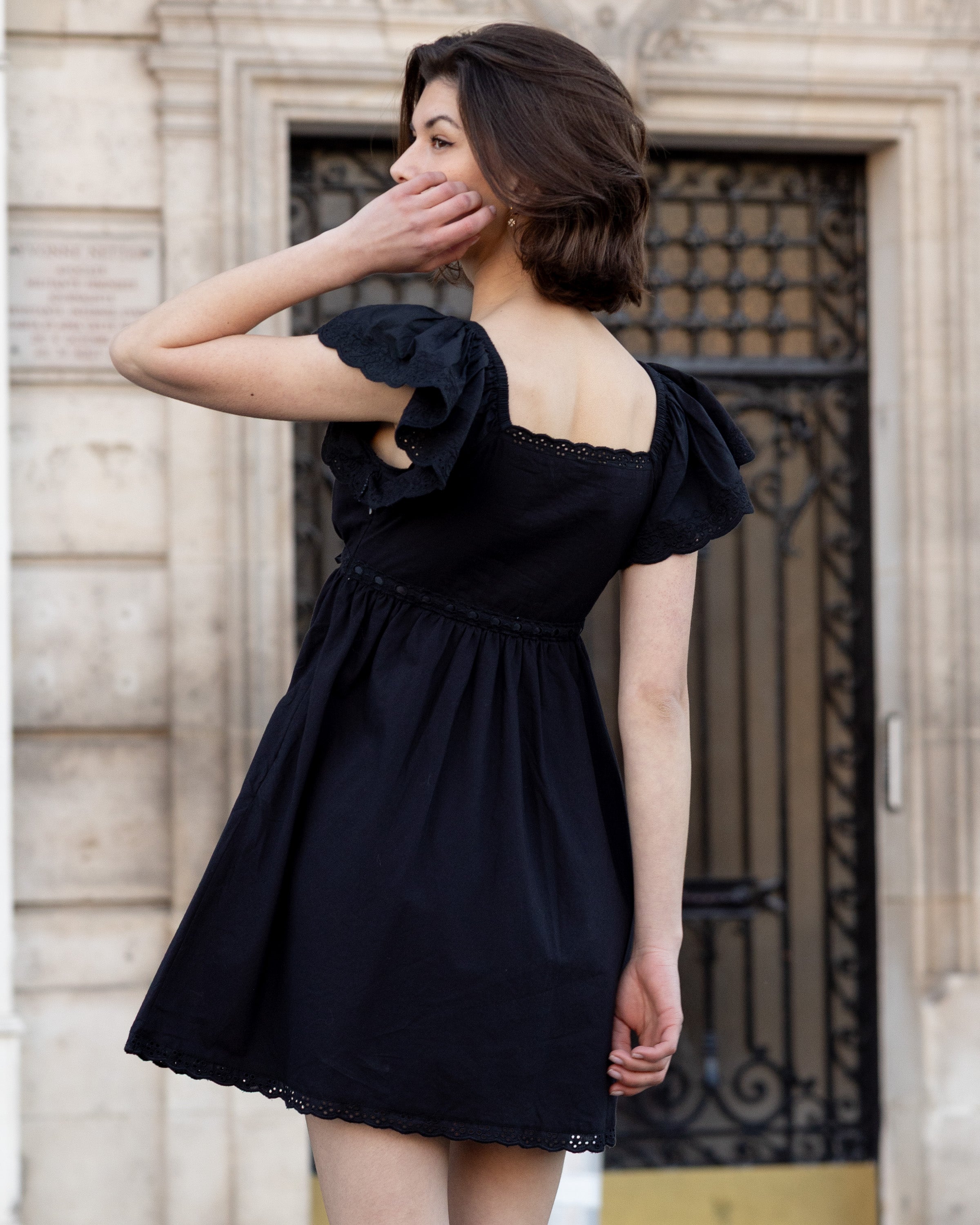 Black cotton mini dress, flutter sleeves, eyelet lace Black cotton mini dress, flutter sleeves, eyelet lace