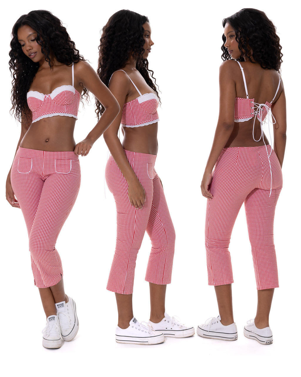 *Rai is wearing a size S top and M bottom and is 5'8" tall with a 31" bust, 24.5" waist, and 42.5" hips.*