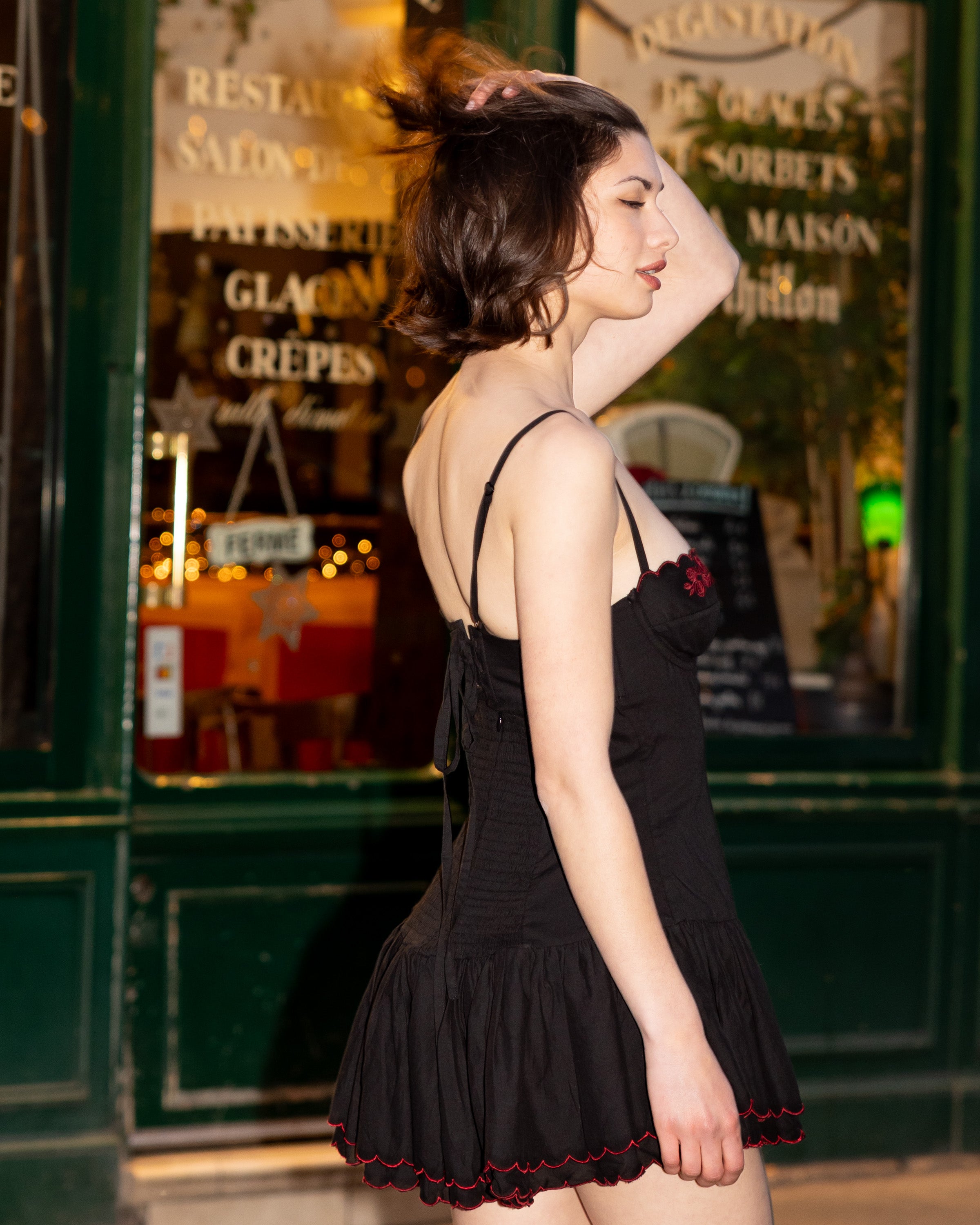 Black cotton mini dress - underwire corset, rose embroidery - Giorgia S Black cotton mini dress - underwire corset, rose embroidery - Giorgia S