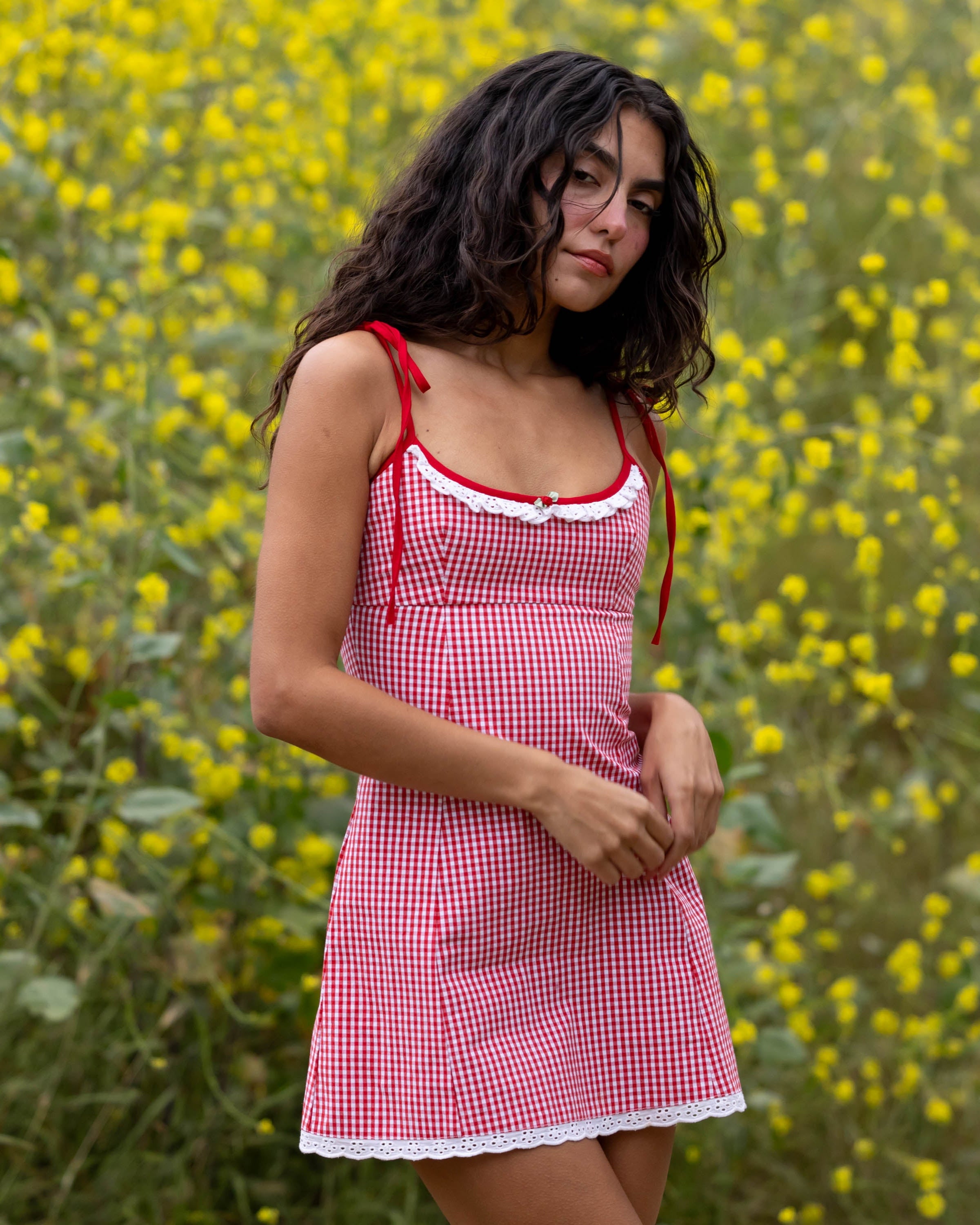 Red gingham cotton mini dress with tie straps - Jody – Kitteny