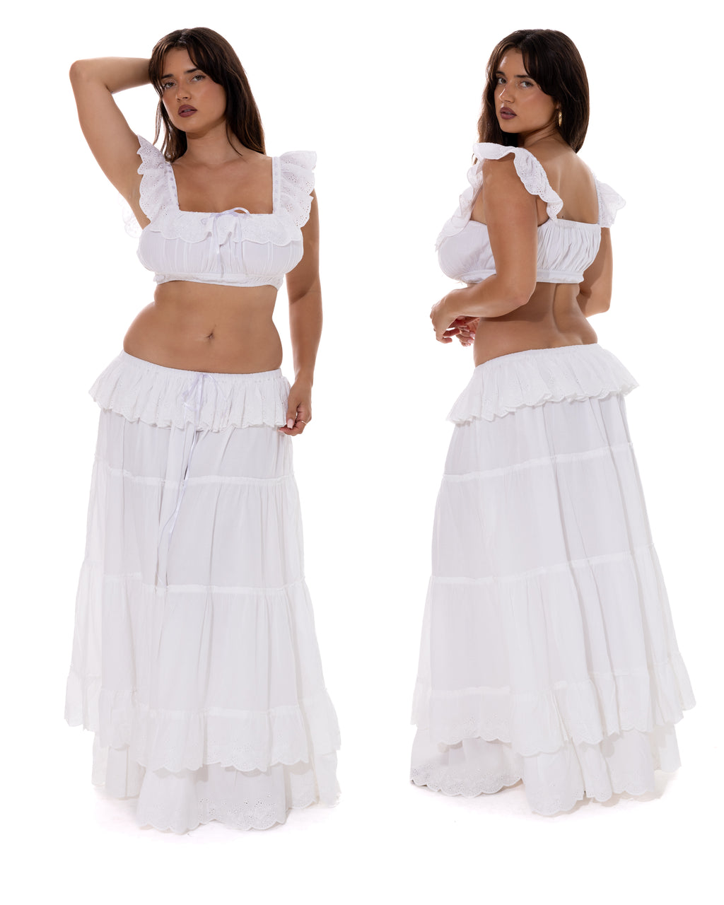 *Sarah is wearing a size L and has a 39.5" bust (34G cup size), 28" waist, 40.5" hips and is 5'8" tall.*