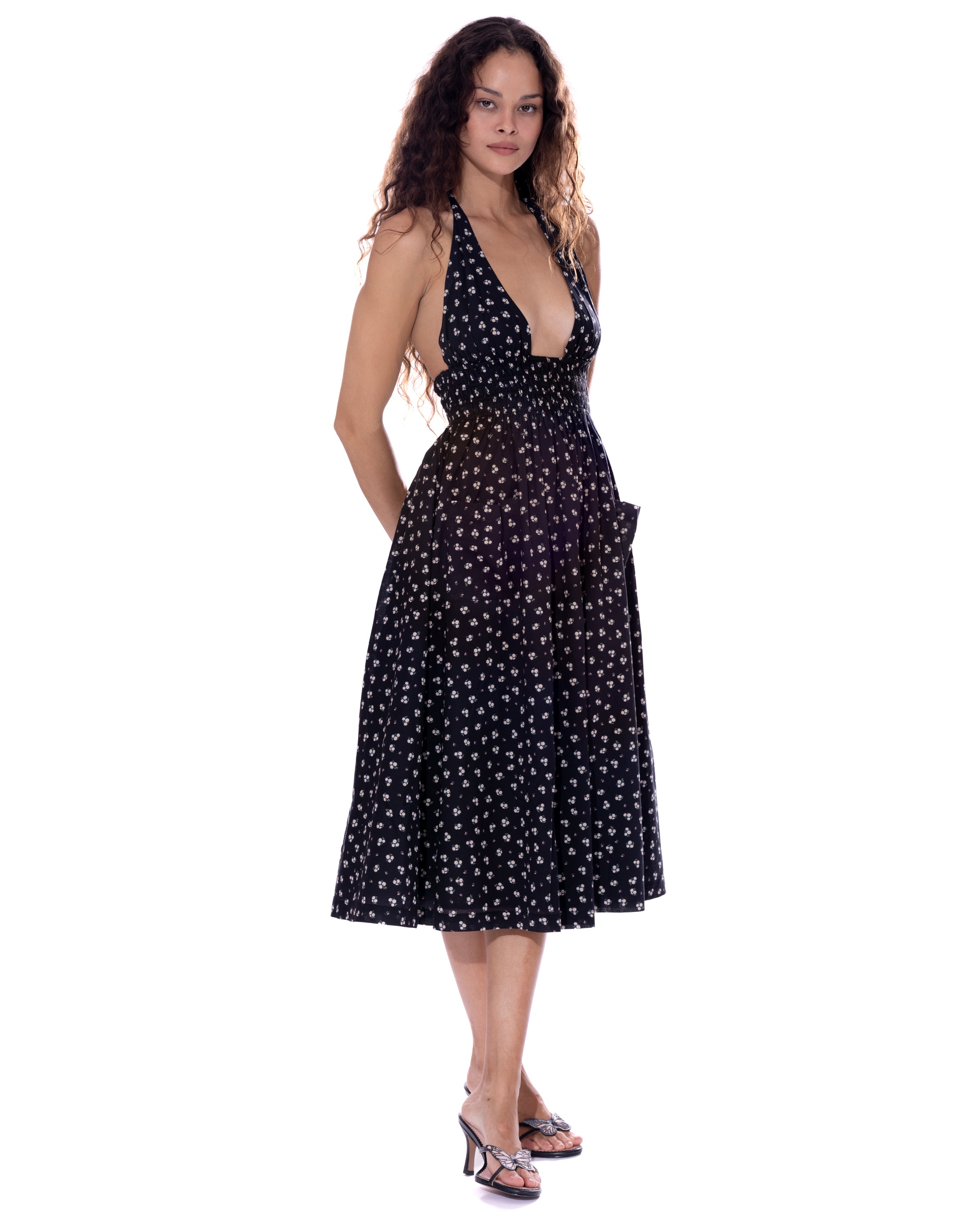 Midi halter dress, cotton, Black floral print - Neri XL Midi halter dress, cotton, Black floral print - Neri XL