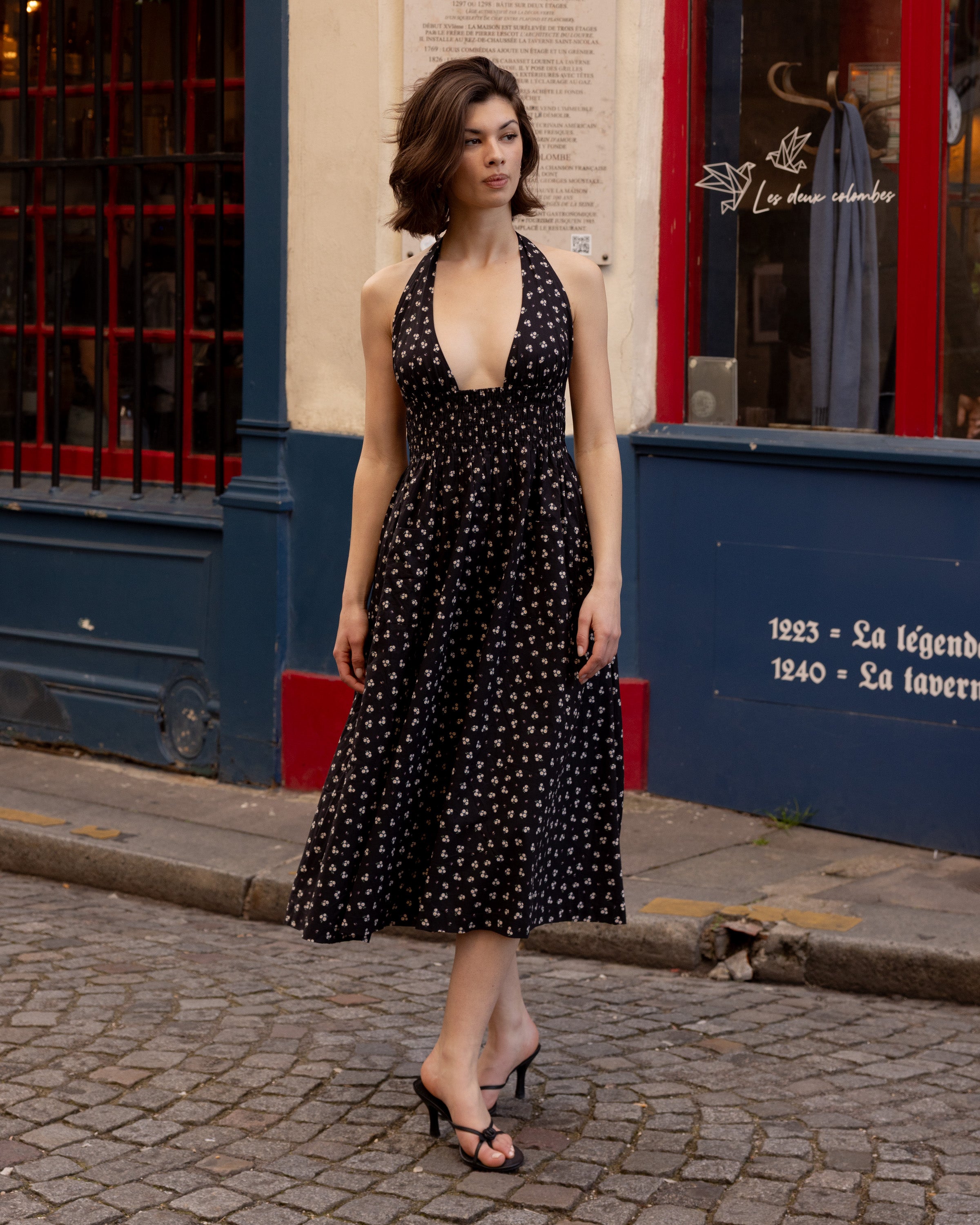Midi halter dress, cotton, black floral print