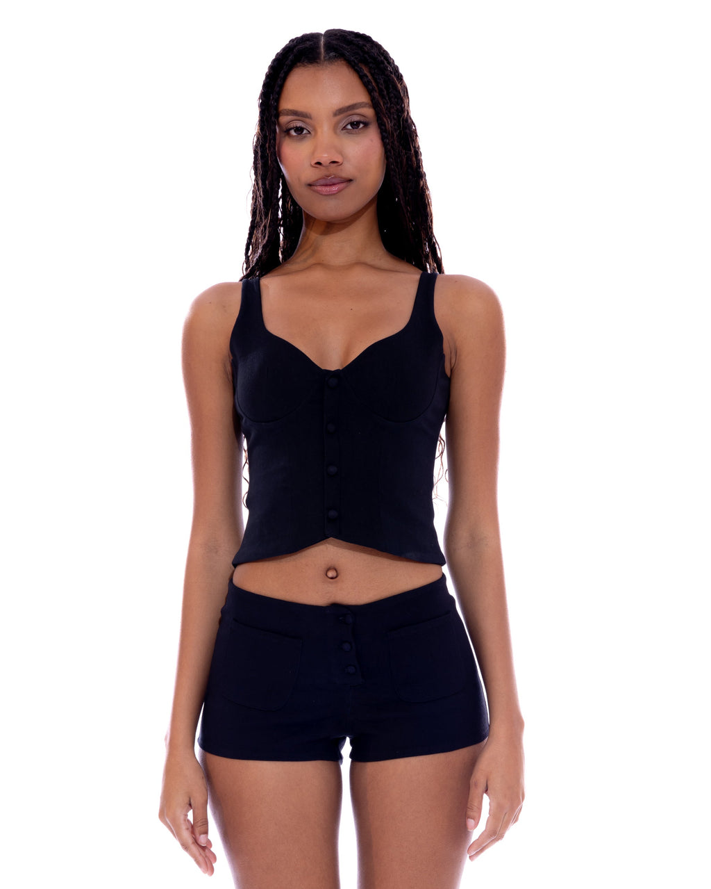 *Rai is wearing size S and is 5'8" tall, with a 32" bust, 23.5" waist, and 37" hips.*