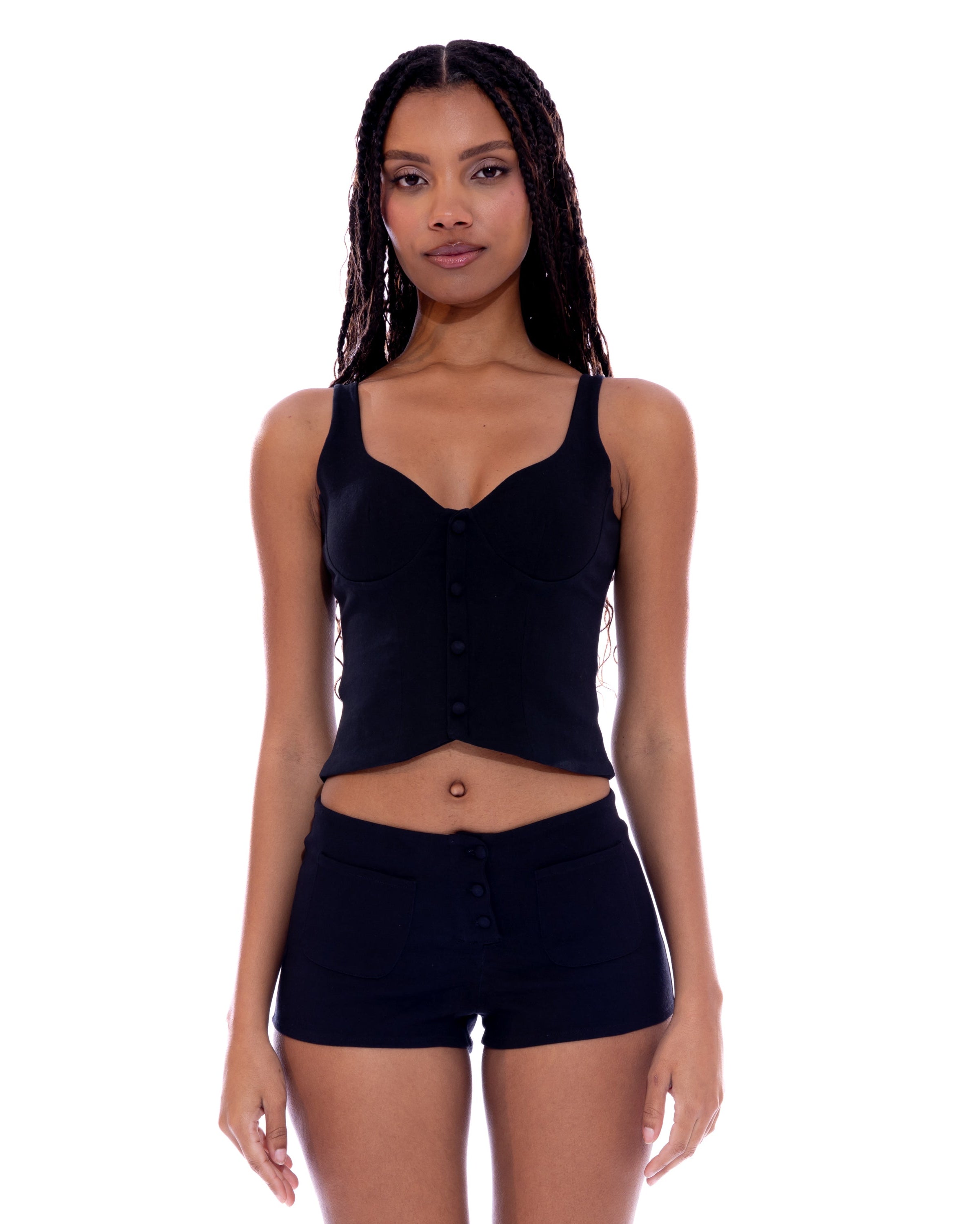 *Rai is wearing size S and is 5'8" tall, with a 32" bust, 23.5" waist, and 37" hips.*